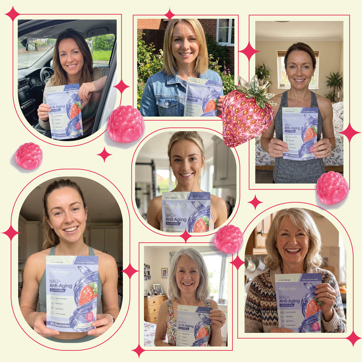 Scrapbook-style collage of seven real customers in everyday settings — a car, garden, kitchen, gym, and bedroom — each holding a Vitavora Wellness NAD+ Anti-Aging Gummies pouch, decorated with raspberry and strawberry illustrations.