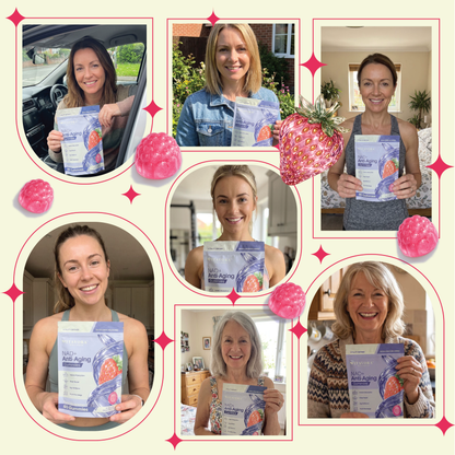 Scrapbook-style collage of seven real customers in everyday settings — a car, garden, kitchen, gym, and bedroom — each holding a Vitavora Wellness NAD+ Anti-Aging Gummies pouch, decorated with raspberry and strawberry illustrations.