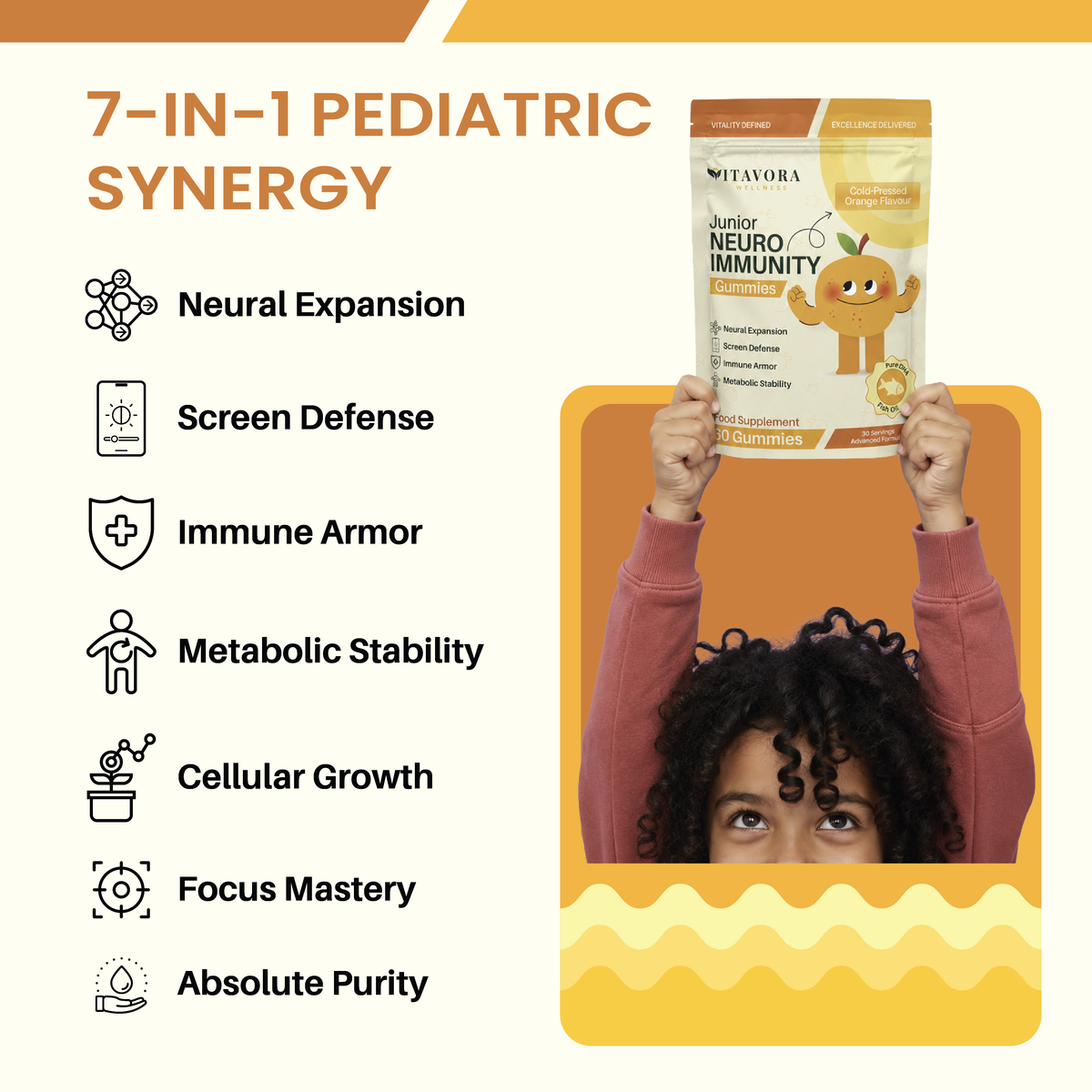 Vitavora Junior Neuro Immunity Gummies — cold-pressed orange flavour, 60 gummies, 7-in-1 pediatric formula.