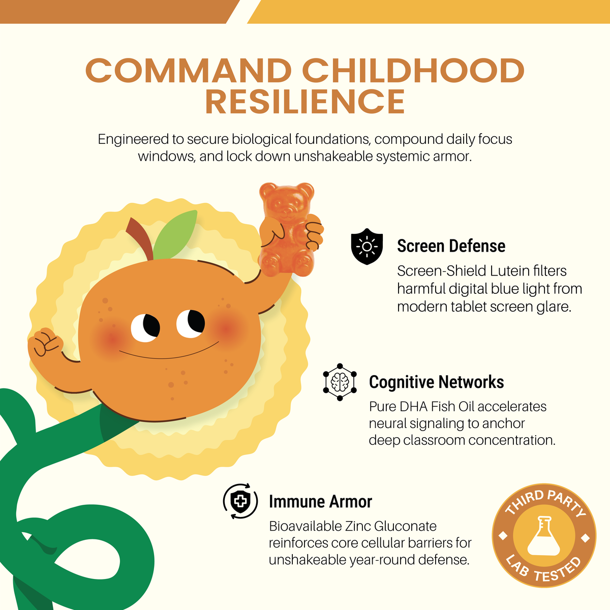 Screen-Shield lutein, DHA fish oil, and bioavailable zinc in every Vitavora Junior Neuro Immunity Gummy — lab-tested for purity.