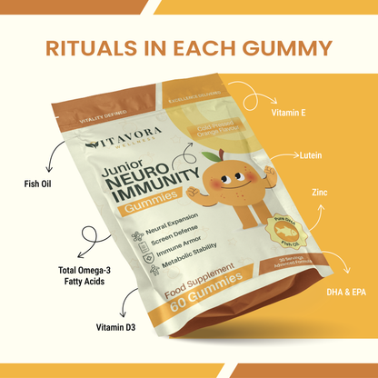 Inside every Vitavora Junior Neuro Immunity Gummy — Fish Oil, DHA & EPA, Vitamin D3, Vitamin E, Lutein, and Zinc.