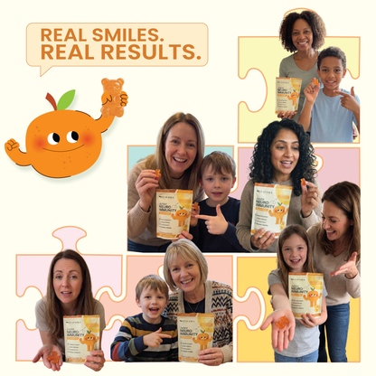 Real parents and kids sharing their Vitavora Junior Neuro Immunity Gummies results — DHA fish oil gummies for children's focus and immune support.