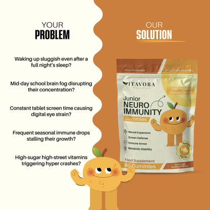 Struggling with kids' screen fatigue, brain fog, or seasonal immunity dips? Vitavora Junior Neuro Immunity Gummies are formulated to help.