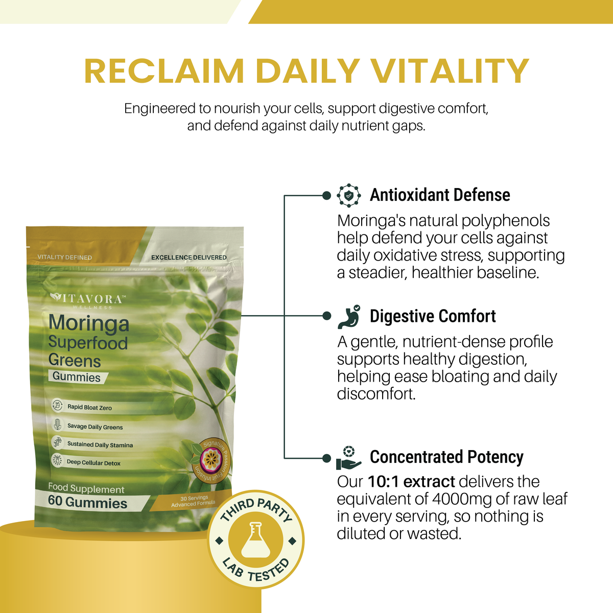Vitavora Moringa Superfood Greens Gummies — Moringa polyphenols for antioxidant cell defense, gentle digestive comfort, and 4000mg raw leaf equivalent potency per serving.