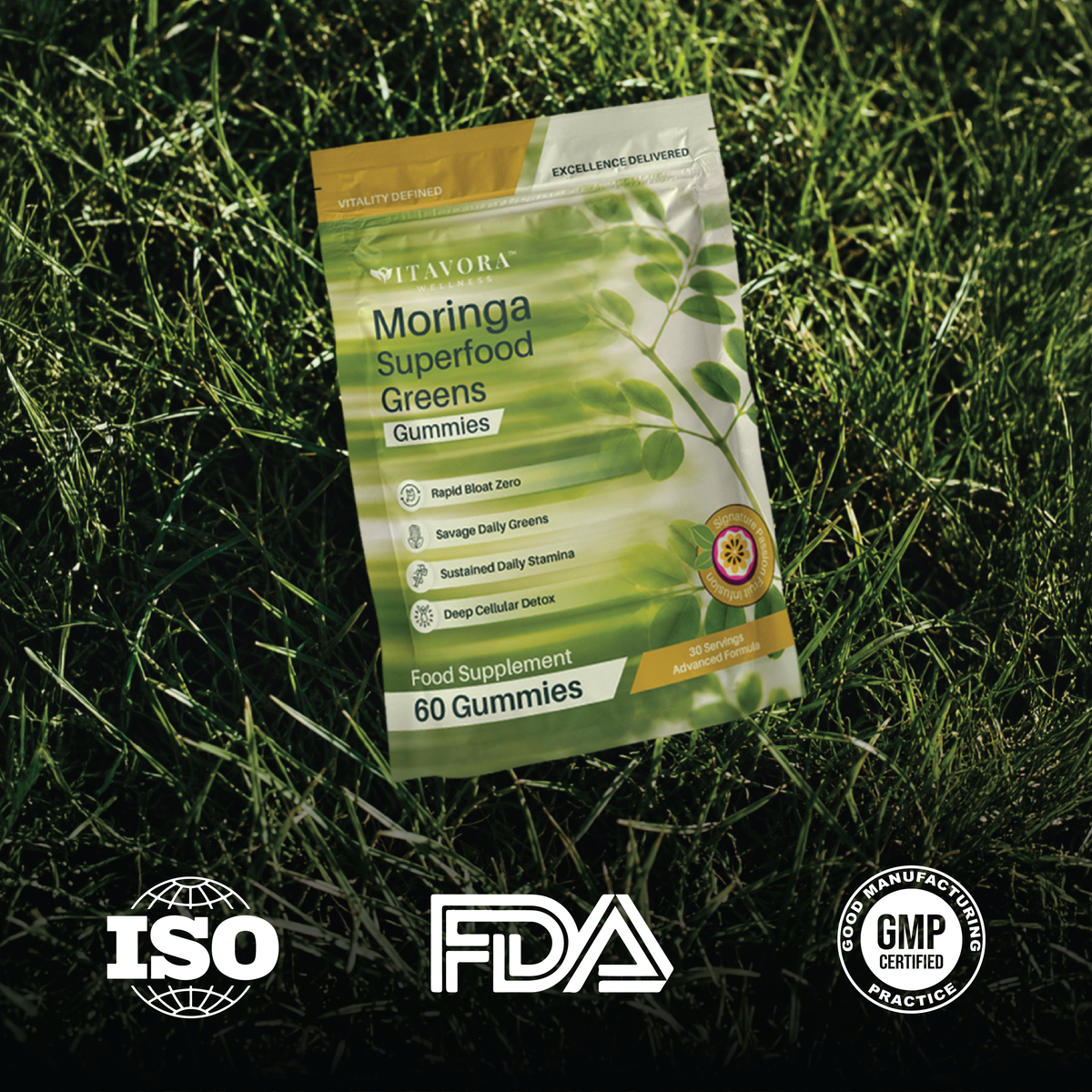 Vitavora Moringa Superfood Greens Gummies — ISO, FDA-registered, and GMP Certified manufacturing standards for a trusted daily greens supplement.