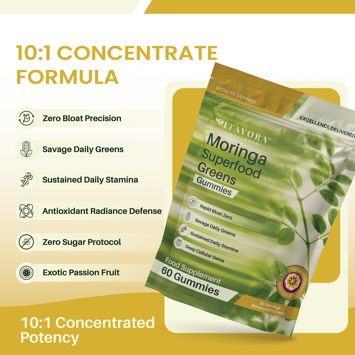 Vitavora Moringa Superfood Greens Gummies — zero-bloat, antioxidant radiance, and sustained daily stamina from a 10:1 concentrated leaf extract with zero added sugar.