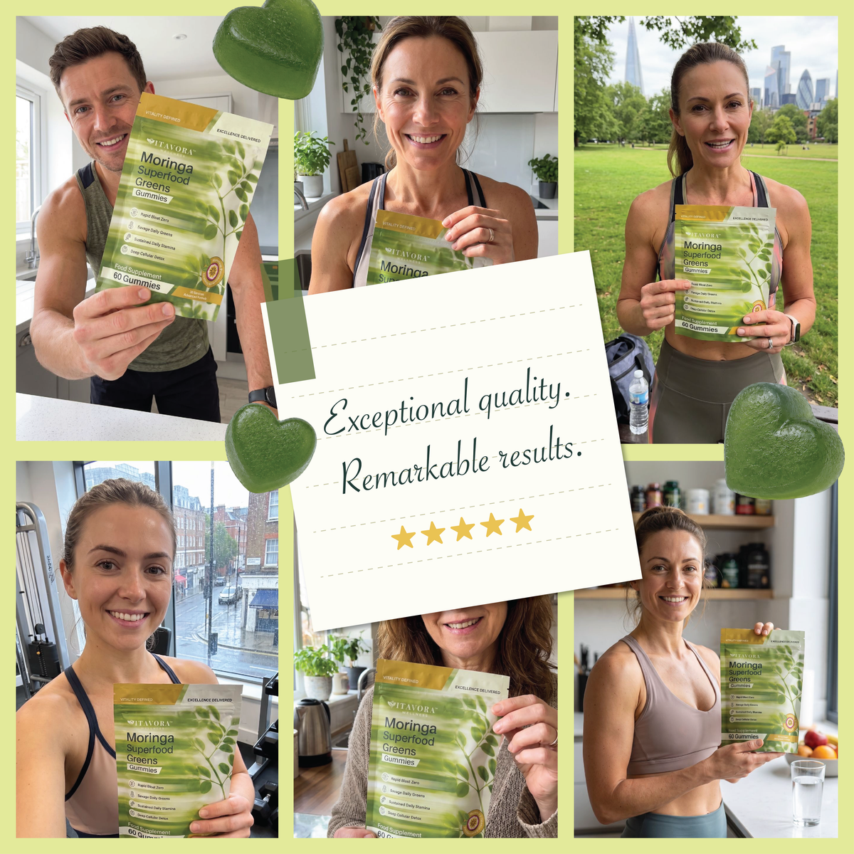 Vitavora Moringa Superfood Greens Gummies dosage — 400mg 10:1 Moringa Oleifera extract equal to 4000mg raw leaf, 0g sugar, 2 gummies per day, 30 servings per pouch.