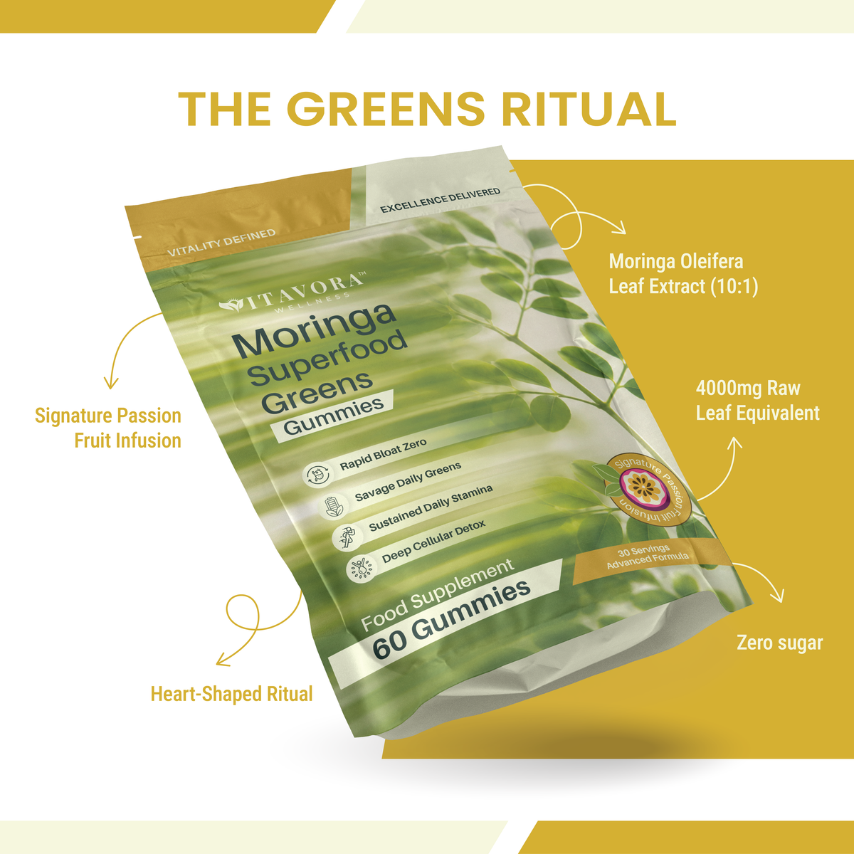 Vitavora Moringa Superfood Greens Gummies ingredients — Moringa Oleifera leaf extract (10:1), signature passion fruit infusion, heart-shaped gummy, zero sugar.