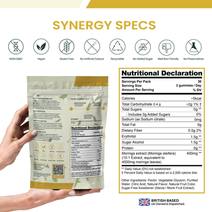 Vitavora Moringa Superfood Greens Gummies nutrition facts — 400mg Moringa Oleifera extract (equivalent to 4000mg raw leaf) per serving, Non-GMO, vegan, gluten-free, zero added sugar.
