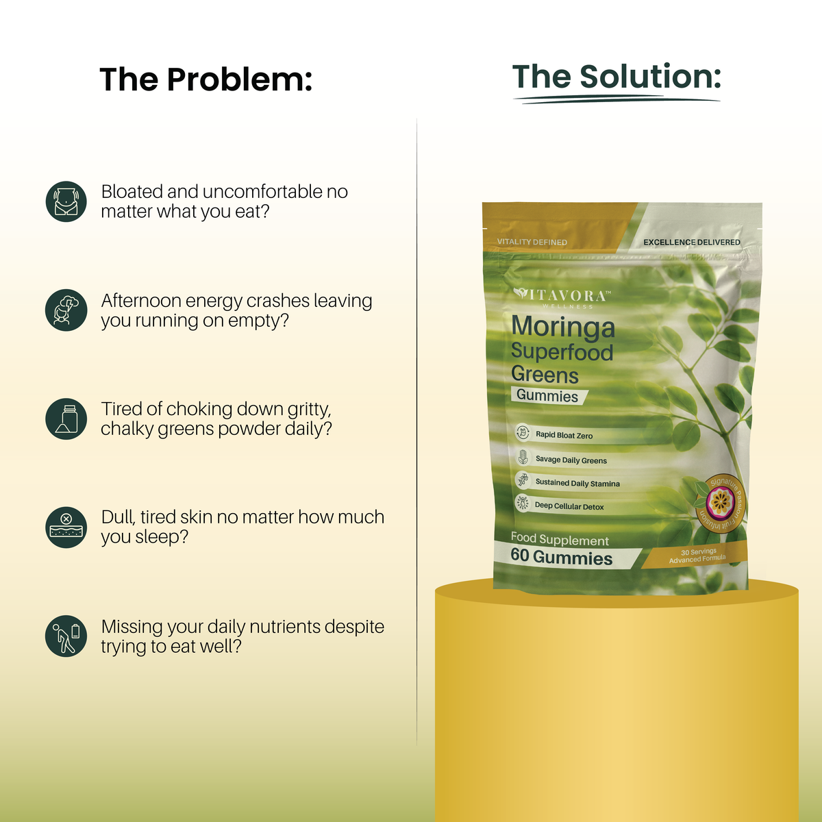 Vitavora Moringa Superfood Greens Gummies — the gummy alternative to gritty greens powder, formulated for bloating, afternoon energy crashes, and daily nutrient gaps.