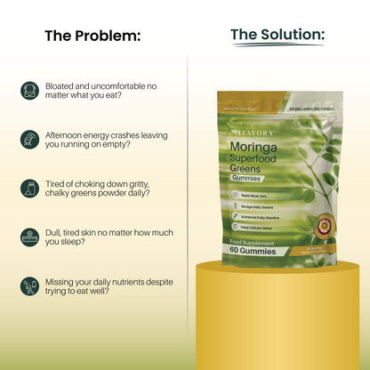 Vitavora Moringa Superfood Greens Gummies — the gummy alternative to gritty greens powder, formulated for bloating, afternoon energy crashes, and daily nutrient gaps.