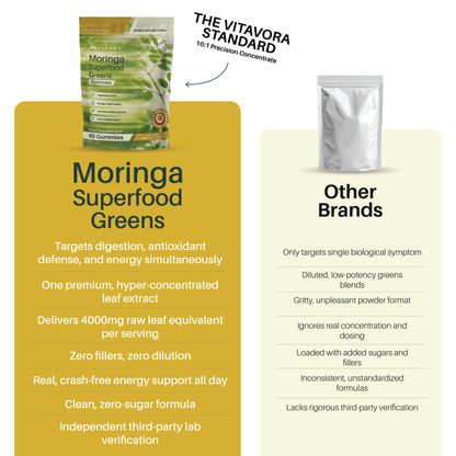 Vitavora Moringa Superfood Greens Gummies vs. other brands — one concentrated leaf extract with zero fillers and third-party lab verification, vs. diluted, unstandardized powder blends.