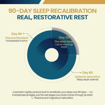 Vitavora Signature Sleep Coffee — a 90-day sleep recalibration timeline showing the wind-down, systemic saturation, and unshakeable rhythm stages of nightly use.