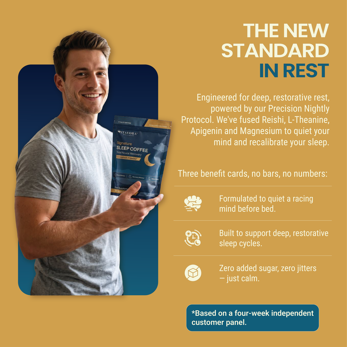 Vitavora Signature Sleep Coffee — formulated to quiet a racing mind, support deep restorative sleep cycles, with zero added sugar & zero jitters.