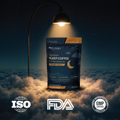 Vitavora Signature Sleep Coffee — ISO, FDA-registered, and GMP Certified manufacturing standards for a trusted nightly recovery supplement.