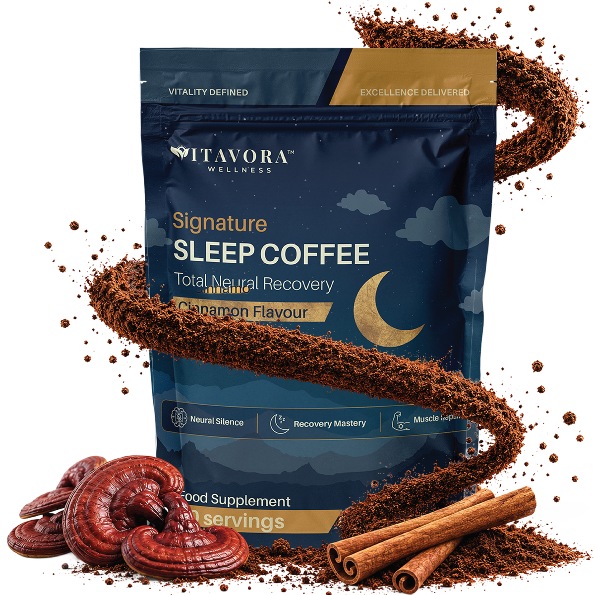 Vitavora Signature Sleep Coffee — Cinnamon flavour nightly recovery coffee with Reishi mushroom, L-Theanine, and Magnesium for deep, restorative rest.