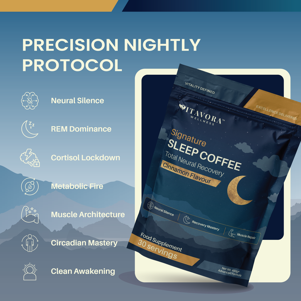 Vitavora Signature Sleep Coffee — Neural Silence, REM Dominance, and Cortisol Lockdown from a precision nightly protocol engineered for restorative sleep.