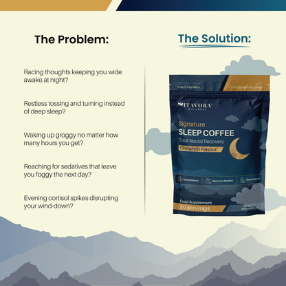 Vitavora Signature Sleep Coffee — the nightly ritual for racing thoughts, restless tossing, morning grogginess, and evening cortisol spikes.