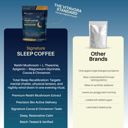 Vitavora Signature Sleep Coffee vs. other brands — Reishi, L-Theanine, Apigenin, and Magnesium Glycinate for total sleep recalibration, vs. synthetic sedatives and added sugars.