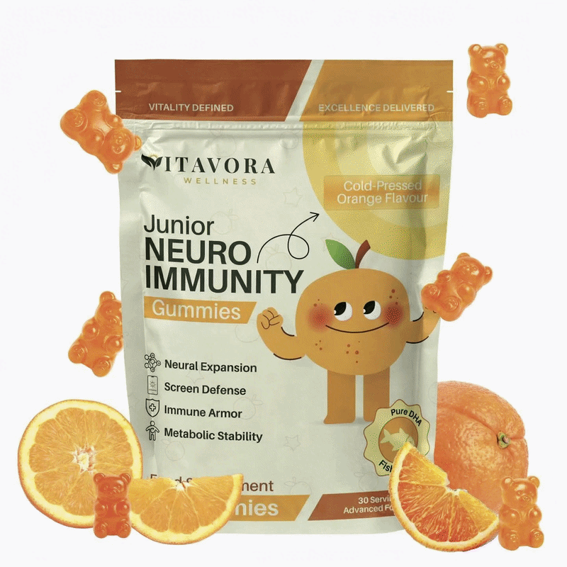 Vitavora Wellness Junior Neuro Immunity Gummies pouch in Cold-Pressed Orange flavour, featuring an orange character mascot, gummy bears, and fresh orange slices, with benefit icons for Neural Expansion, Screen Defense, Immune Armor, and Metabolic Stability, plus a Pure DHA Fish Oil badge.