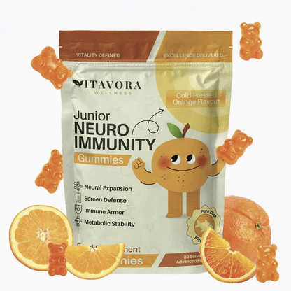 Vitavora Wellness Junior Neuro Immunity Gummies pouch in Cold-Pressed Orange flavour, featuring an orange character mascot, gummy bears, and fresh orange slices, with benefit icons for Neural Expansion, Screen Defense, Immune Armor, and Metabolic Stability, plus a Pure DHA Fish Oil badge.