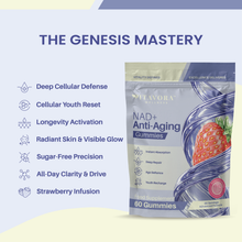 Vitavora Wellness NAD+ Anti-Aging Gummies pouch with strawberry infusion, next to a benefits list including Deep Cellular Defense, Cellular Youth Reset, Longevity Activation, and Strawberry Infusion, under the heading The Genesis Mastery.
