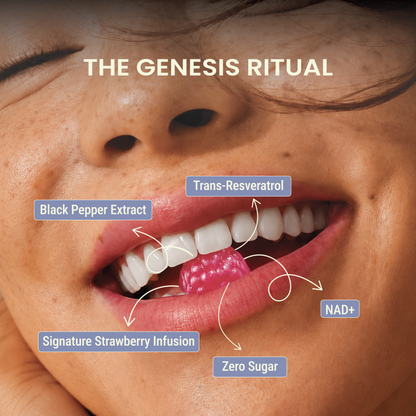 Close-up of a woman biting into a Vitavora Wellness NAD+ Anti-Aging Gummy, with pointer callouts identifying NAD+, Trans-Resveratrol, Black Pepper Extract, Signature Strawberry Infusion, and Zero Sugar.