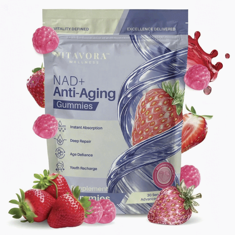 Vitavora Wellness NAD+ Anti-Aging Gummies pouch with strawberry and raspberry styling, showing packaging callouts for Instant Absorption, Deep Repair, Age Defiance, and Youth Recharge, plus a Strawberry Infused seal on a 30-serving supplement pouch.